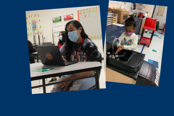  Photos of students wearing a mask and washing hands 